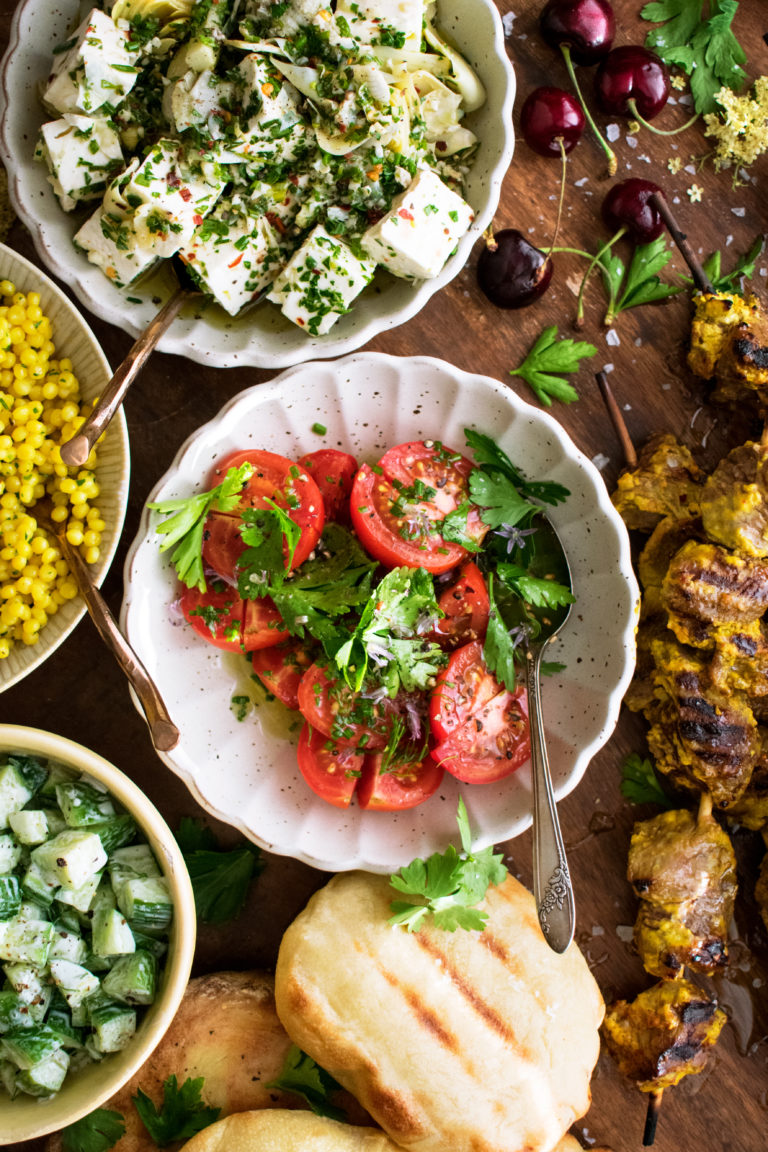 Summer Mezze Platter with Yogurt Marinated Lamb Skewers - The Original Dish