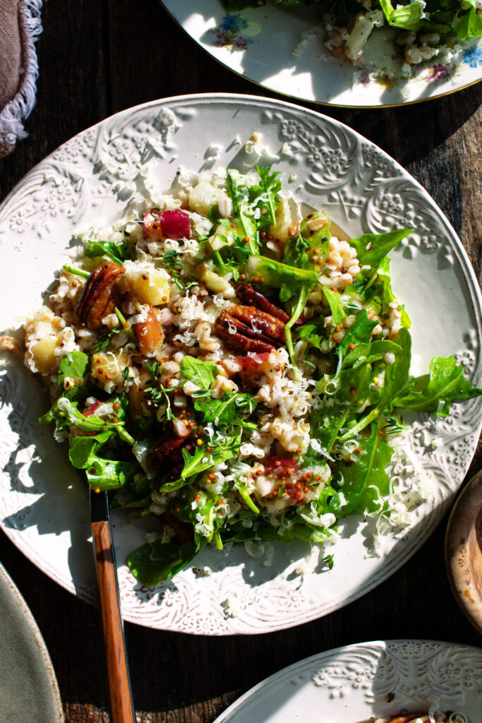 a plate of roasted apple farro salad