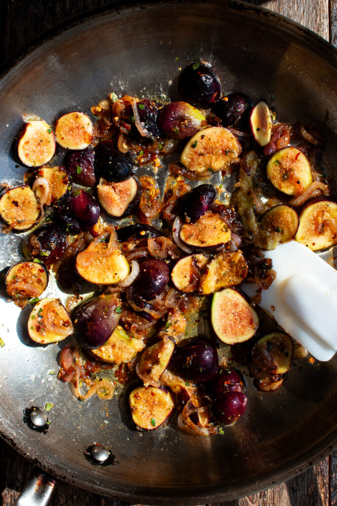 caramelized figs and shallots in a skillet