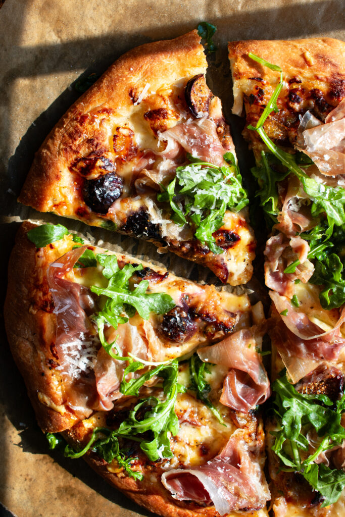 finished Fig & Prosciutto Pizza with arugula