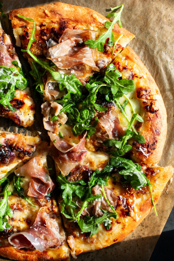 finished Fig & Prosciutto Pizza with arugula