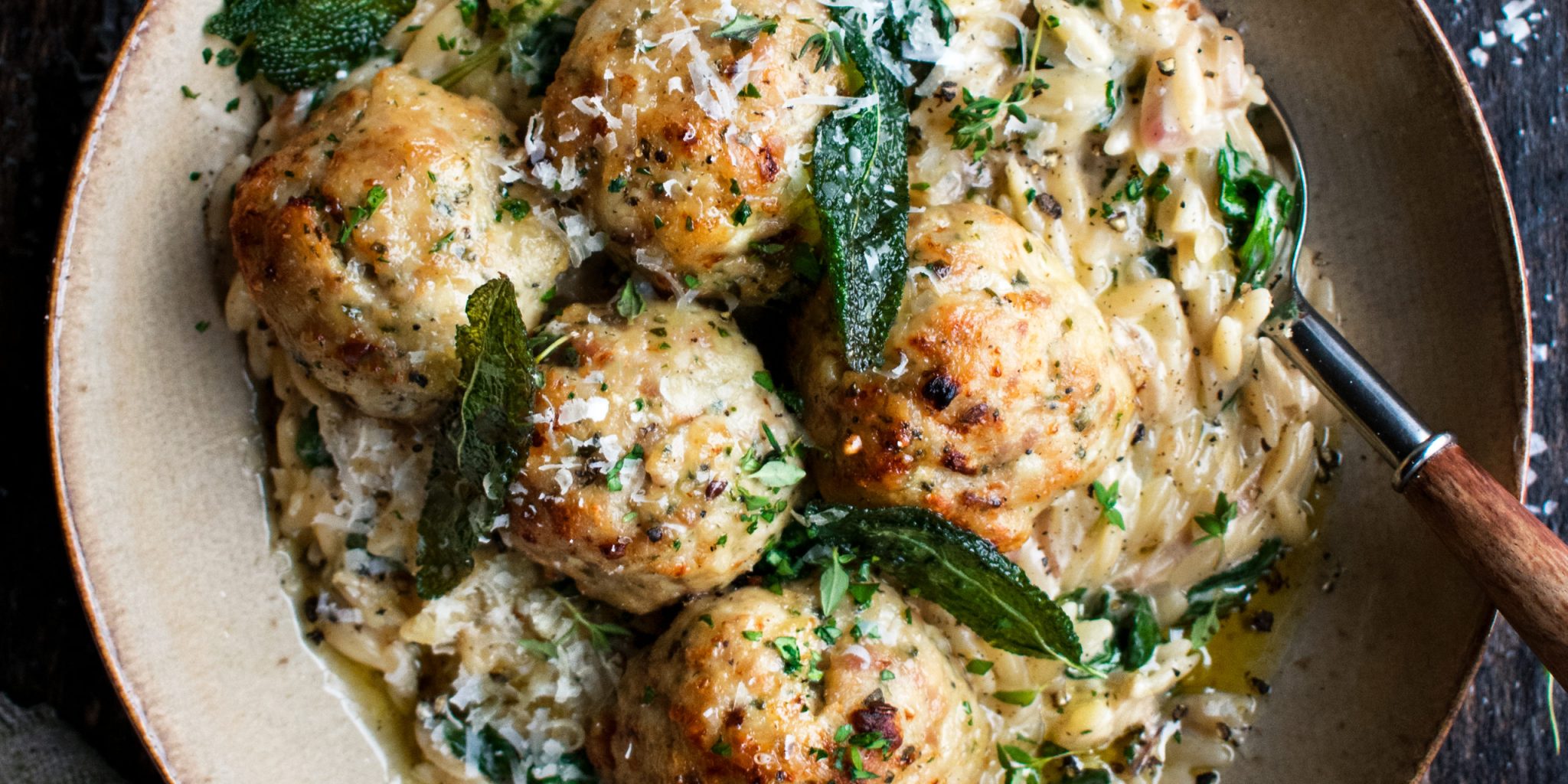 Baked Sage Chicken Meatballs with Parmesan Orzo